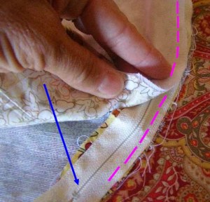 Place lining on top of exterior piece - align edges - sew along pink line. Place lining on top of exterior piece - align edges - sew along pink line.