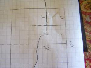 Red Seam extending 1/2" (two graph paper lines) beyond border and Orange Seams